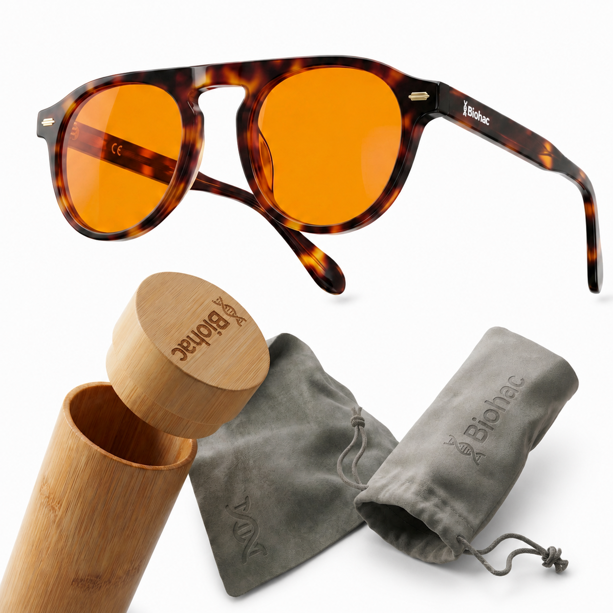 Generated image of Mentor glasses and accessories on a white background.